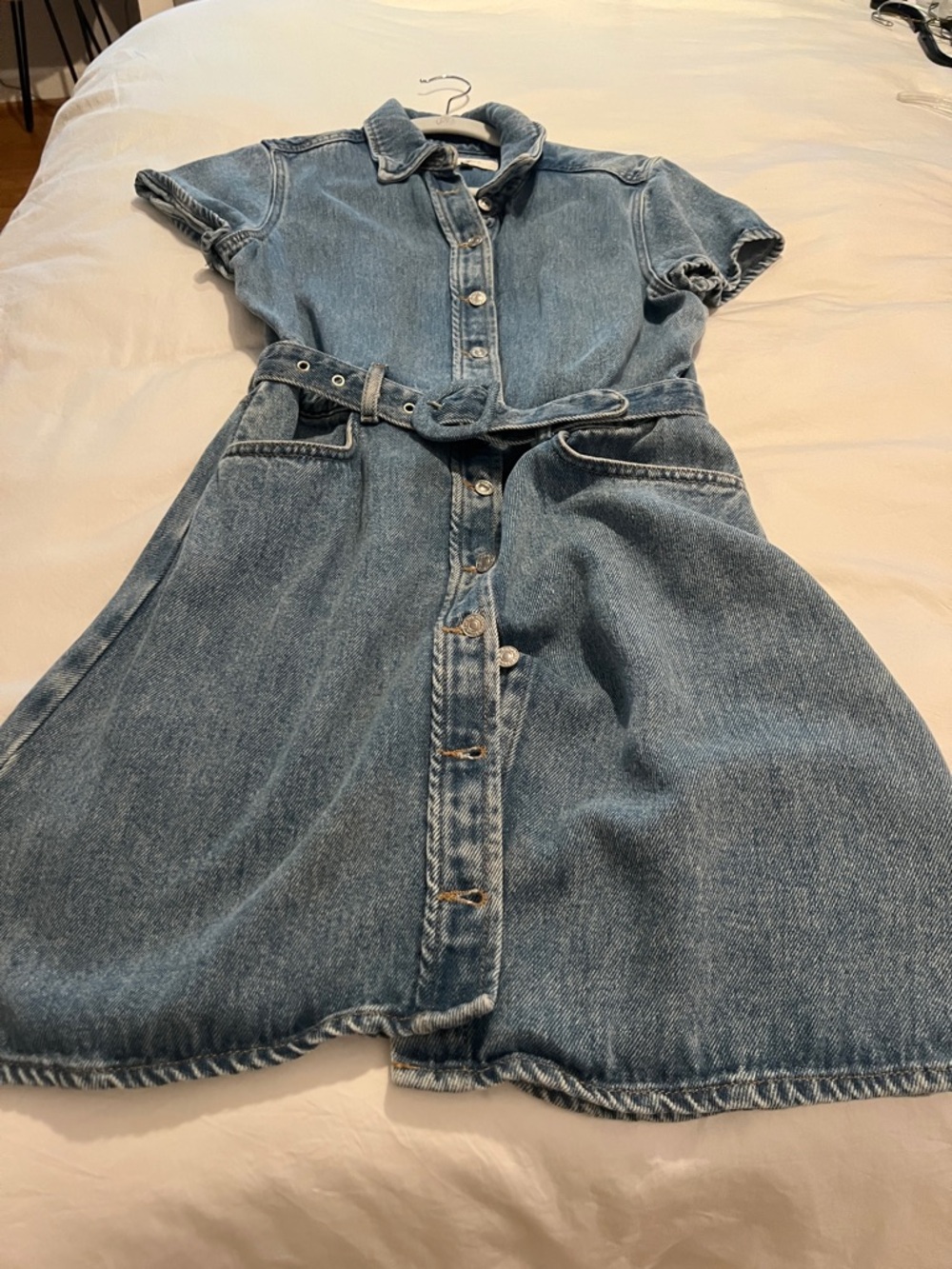 7 For All Mankind Light Blue Denim Button-Front Mini Dress with Belt